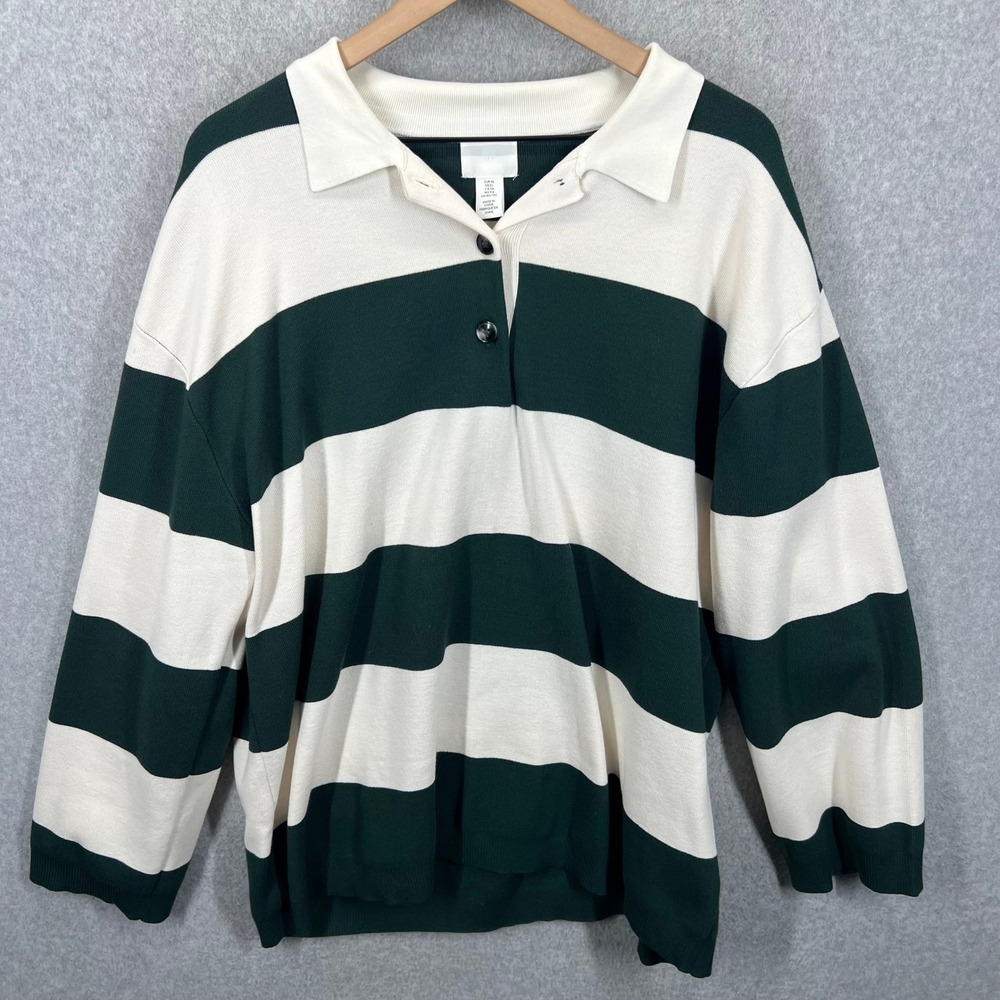 H&M Polo Sweater Women XL Green White Striped Knit Long Sleeve Collared EUC